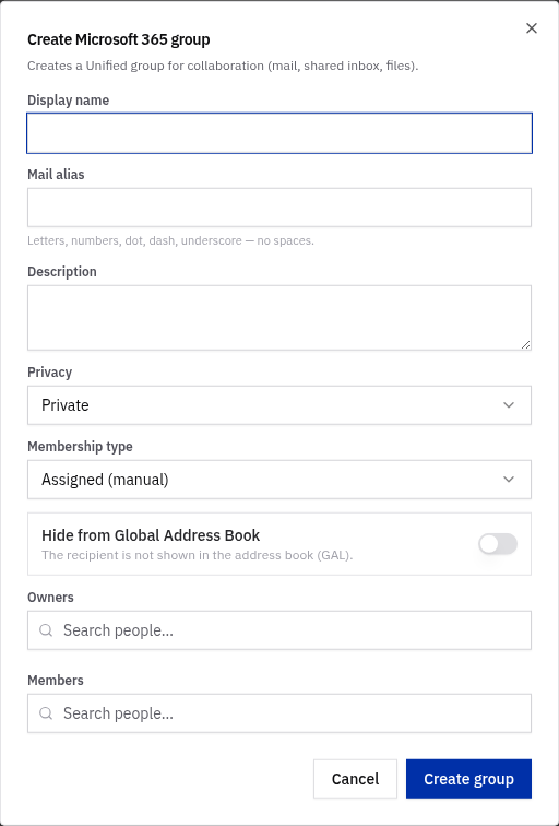 The Hide from Global Address Book toggle in the Microsoft 365 group dialog