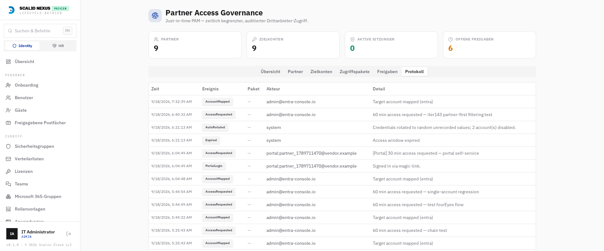 The Log tab — the immutable PAM event ledger